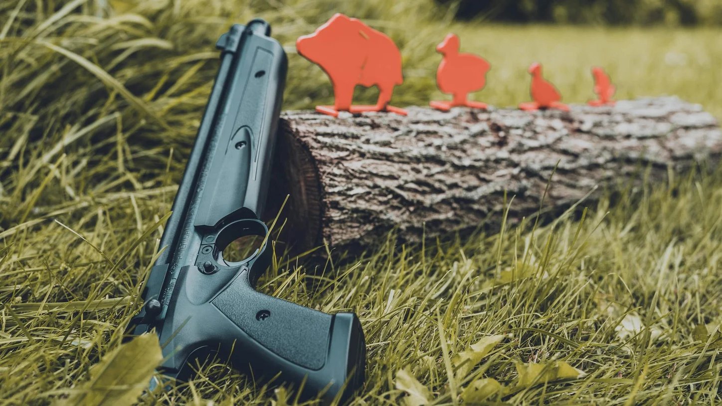 an air pistol leaning up against a log next to targets